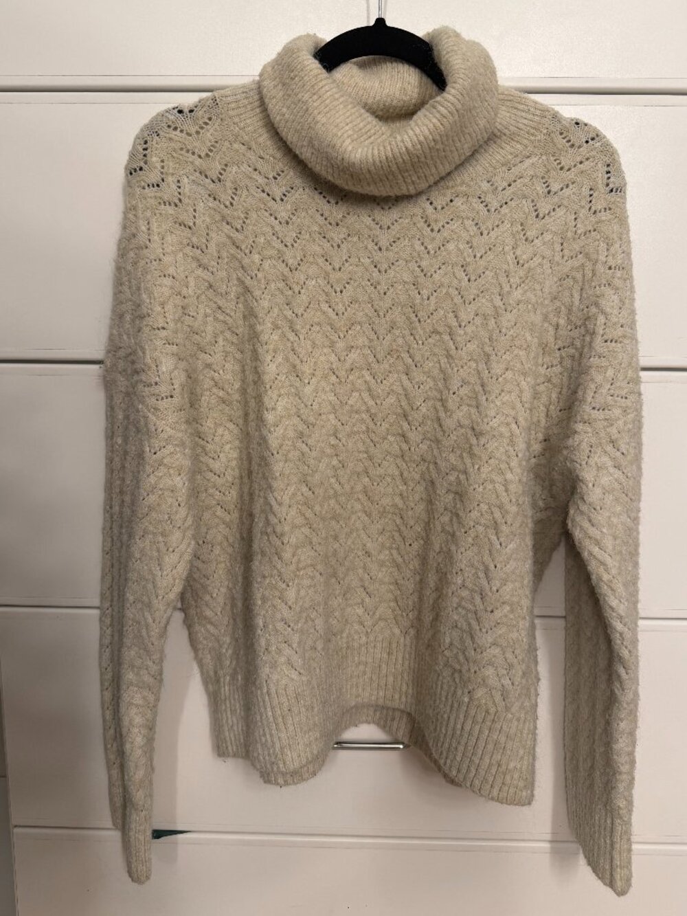 Oatmeal Heather Pointelle Turtleneck Sweater Textured Knit, Size L